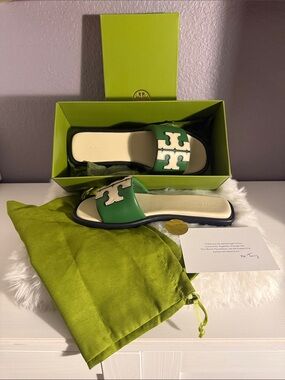 Tory Burch Green Leather Logo Slide Sandals with Cream Inlay